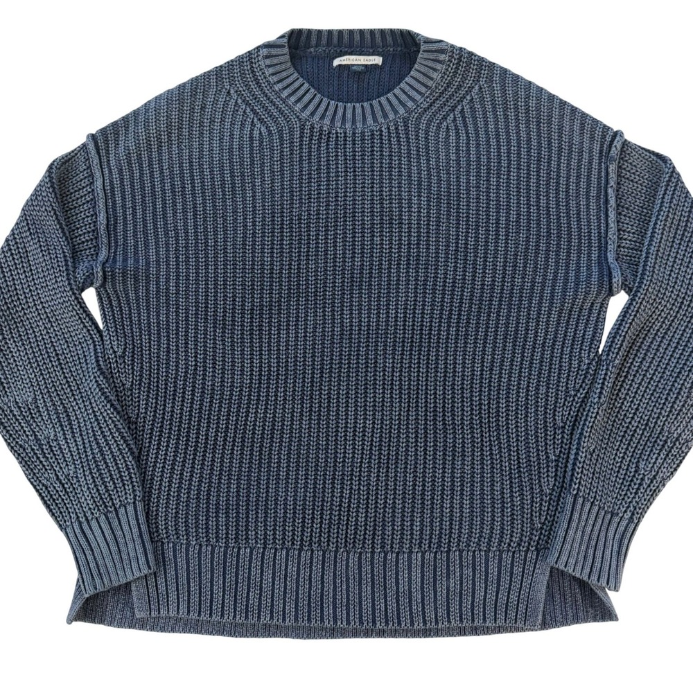 American Eagle Blue chunky knit Cotton Crew Neck Sweater Small Oversized